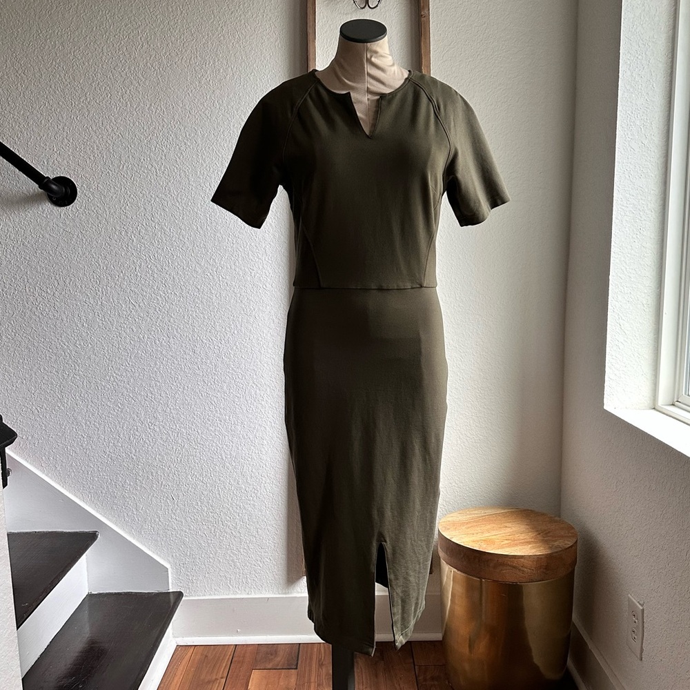 Marycrafts Olive Green Fitted Midi Short Sleeve Dress Sz: 10